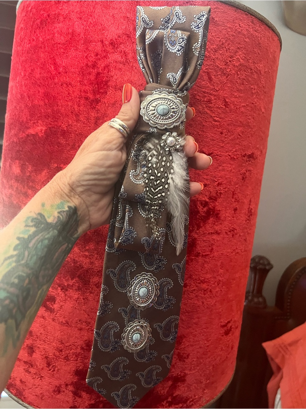 Brown Paisley Necklace with Feather Concho Accent